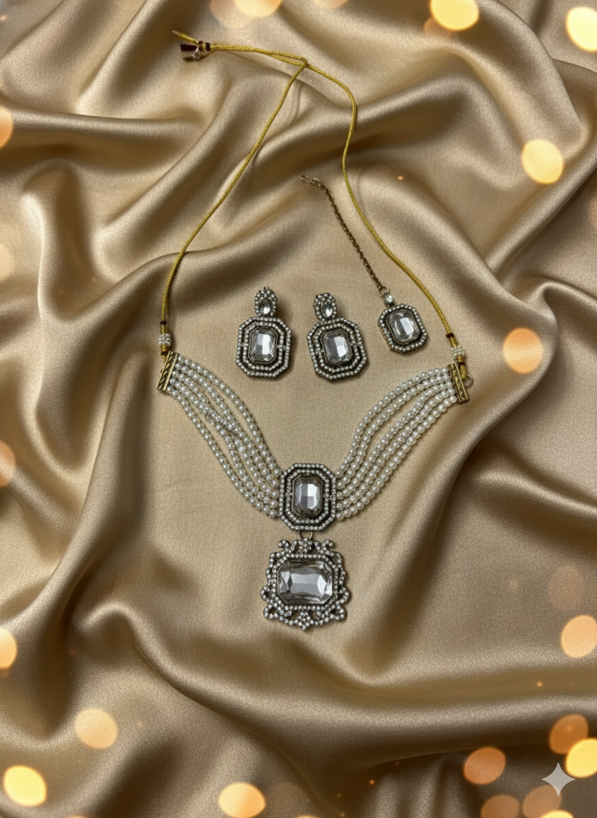 Traditional Pearl Choker Necklace Set with Matching Earrings and Maang Tikka Set